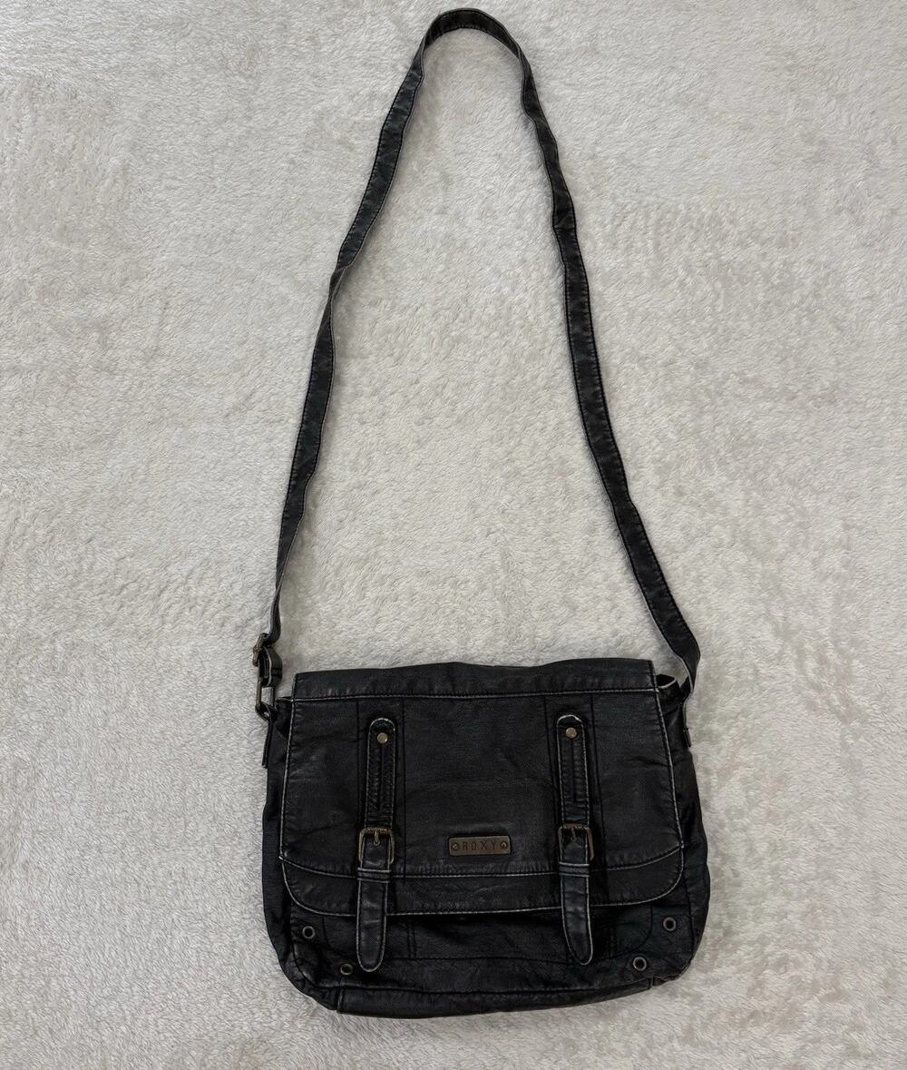 Roxy Black Faux Leather Crossbody Messenger Bag Buckle Y2K Boho Purse